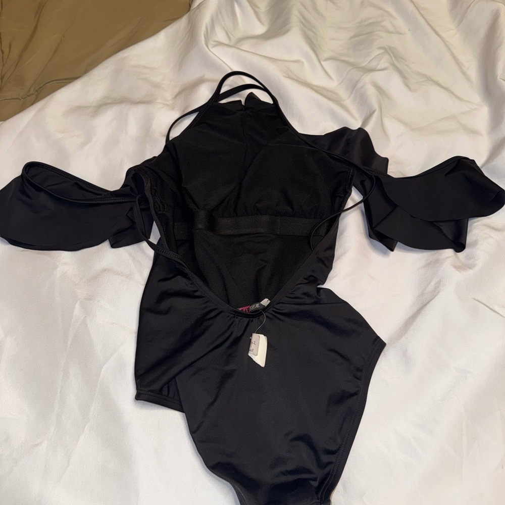 JustFab Black One-Piece Swimsuit with Ruffle Cold-Shoulder open back - Picture 4 of 7